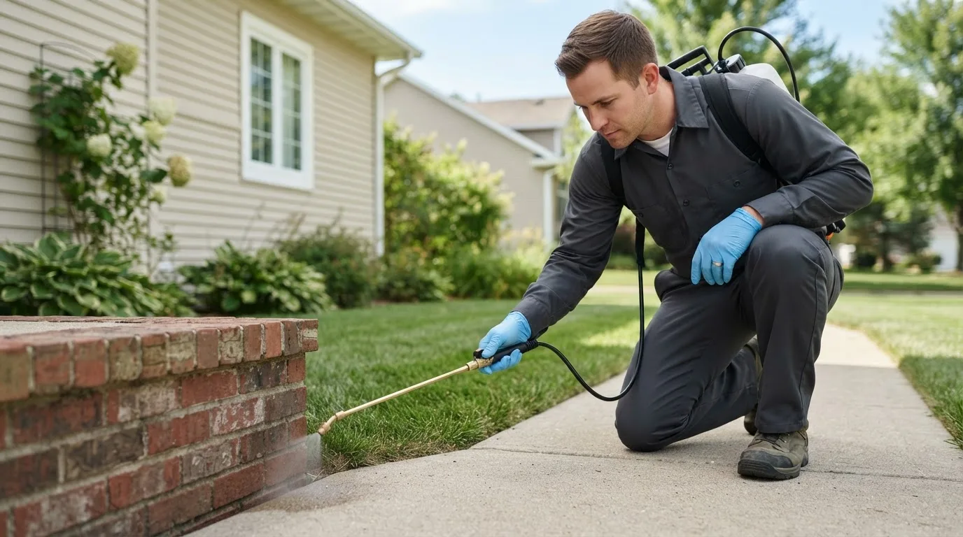 Pest control technician treating a home near Byron, NE